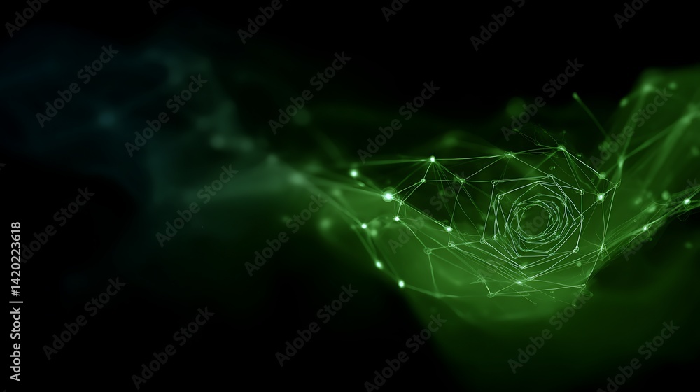 Poster networked connection with abstract data points in green hue on dark background for technology theme.