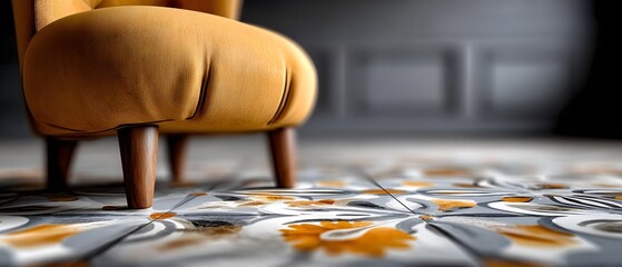 Stylish yellow chair on vibrant patterned floor