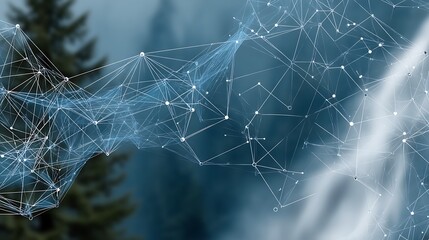 Obraz premium Networked Neural Plexus Landscape with Abstract Connections and Data Points over a Cloudy Forest.