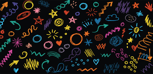 Crayon pencil color brush hand drawn chalk vector element set.