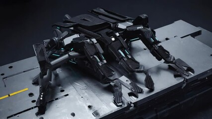 Detailed view of a futuristic carbon fiber hexapod robot with sharp edges resting on a metal surface. Science fiction technology concept.