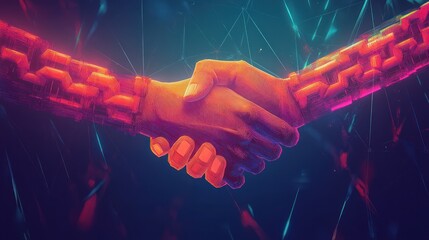 Fototapeta premium Two hands shake with a digital glow. Represents partnership and agreement