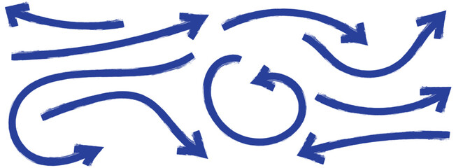 Blue hand-drawn vector arrow set. Arrow crayon brush doodle chalk line stroke. Sketch pencil texture line scribble arrow icon on a white background