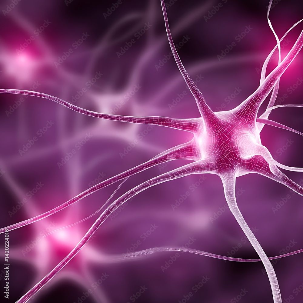 Poster neural network connection neuron cell structure abstract scientific visualization purple hues.