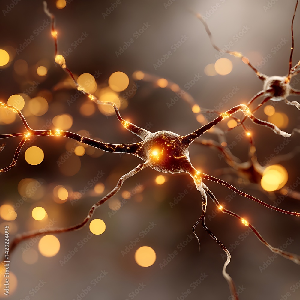 Poster neural network illustration featuring glowing neurons firing within a complex synaptic system.