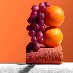 Vibrant still life of oranges and grapes on a textured surface