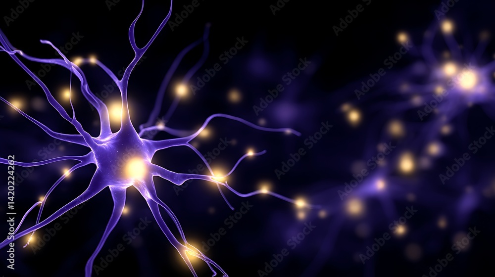 Poster neural network interconnections illustration showing synaptic activity in the brain.