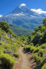 Fototapeta premium Mountain peak with snow visible above green valley and dirt path.