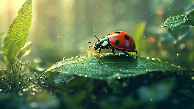 Ladybug on dewy leaf, morning forest background, nature, close-up