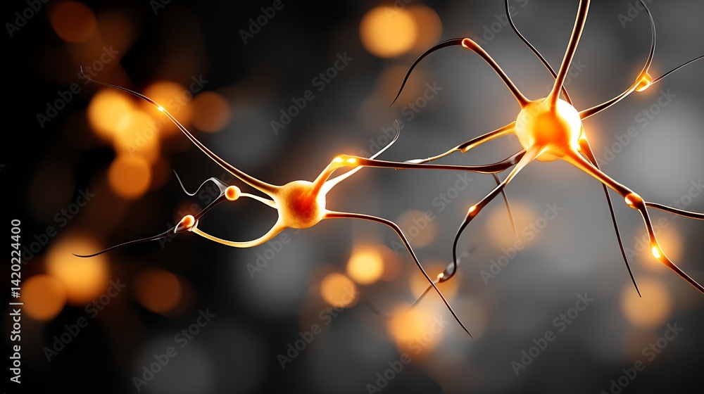 Poster neural network synapse connection model with orange glow abstract representation and dark background
