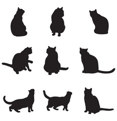 Set of cats silhouette in different poses. Hand drawn black cats isolated on white background. Vector illustration of Halloween decorative elements for design decor.