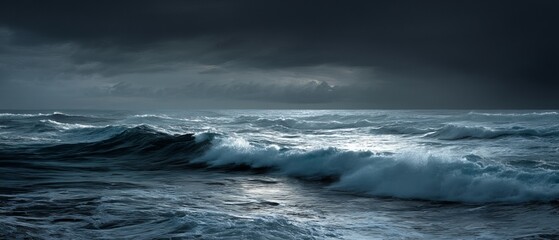 Dramatic ocean waves crash under a stormy sky, creating a moody, intense atmosphere with shades of blue and grey.
