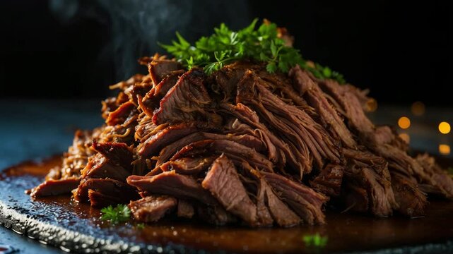 Slow-Cooked Pulled Beef seasoned with spices and smoked, viewed from above on a black background