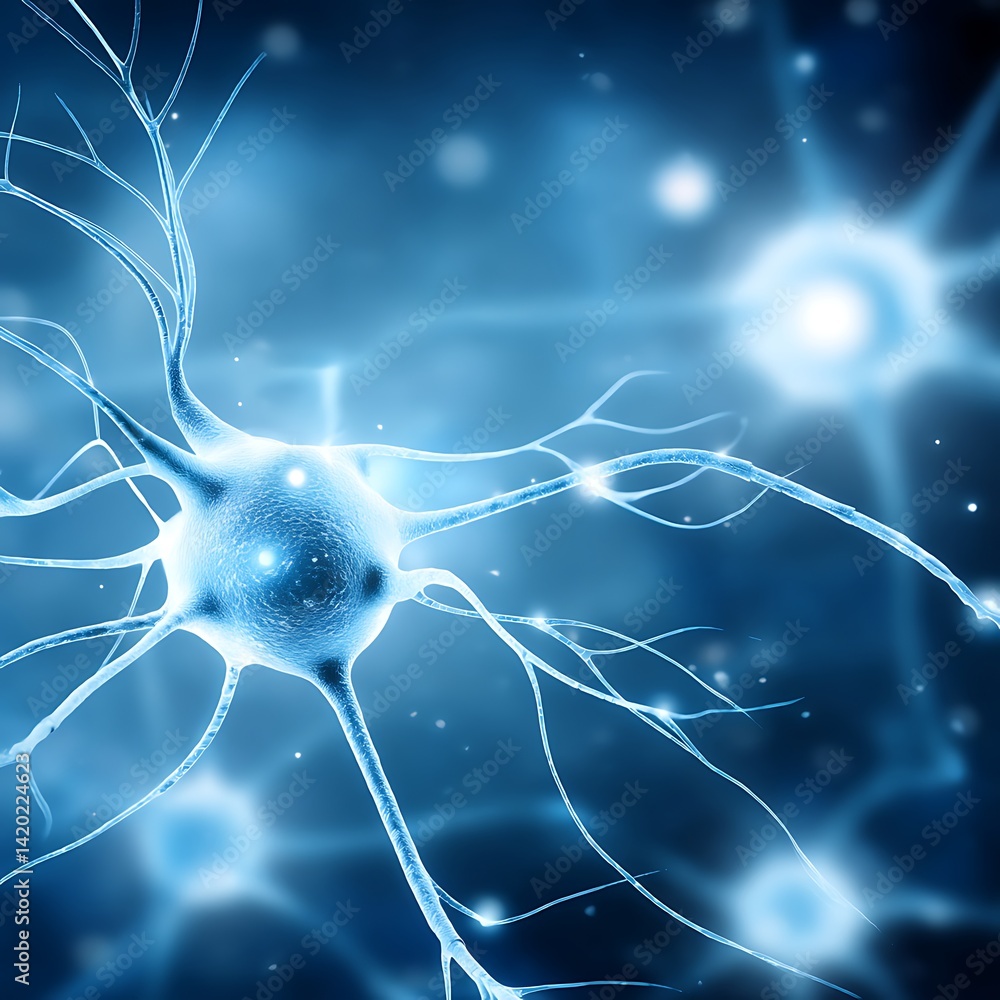 Poster neuron structure and communication network illustration exploring brain connectivity and neural acti