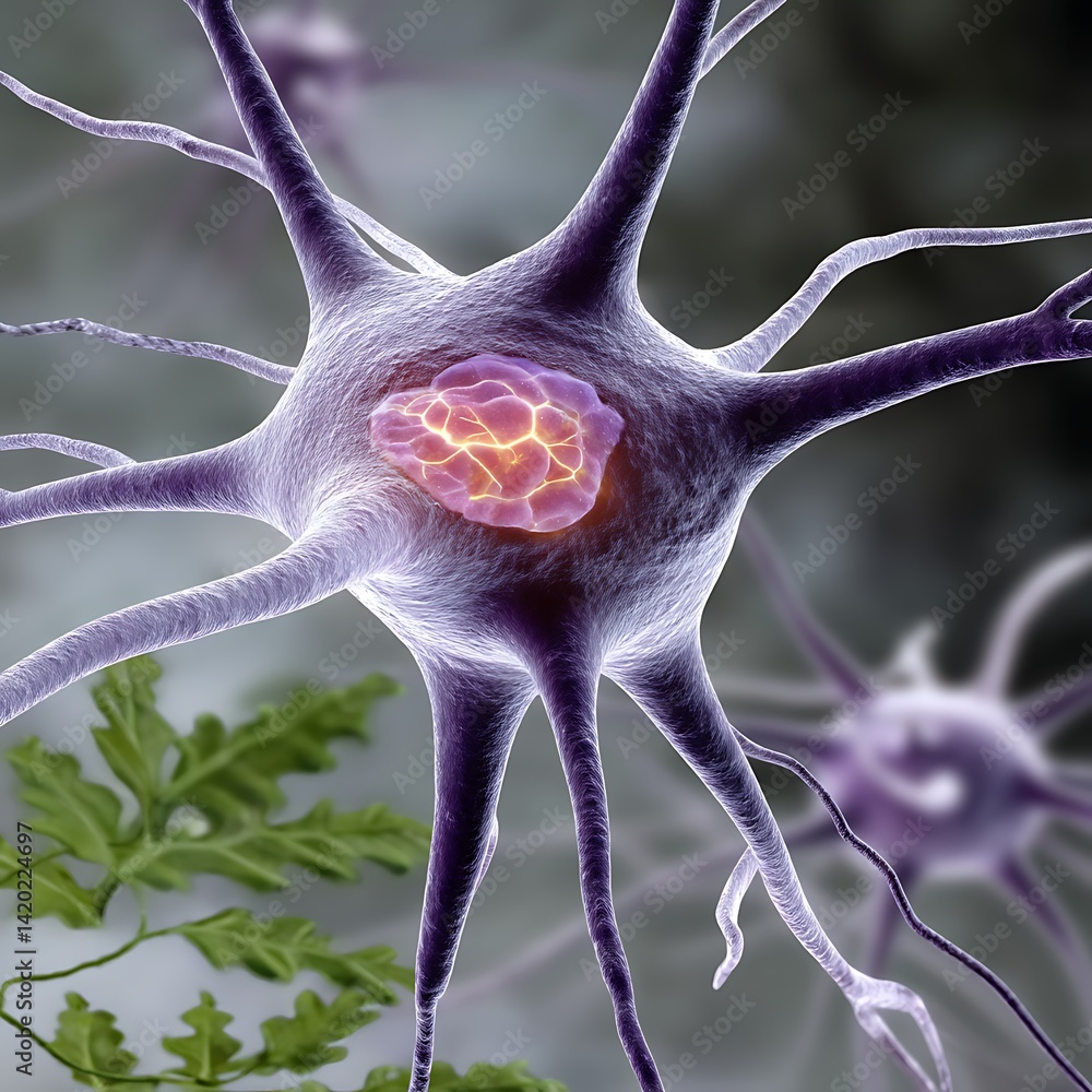Poster neuronal network artistic visualization with cellular nucleus focus for scientific communication.