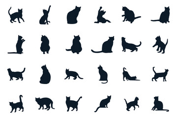 Set of cats silhouette in different poses. Hand drawn black cats isolated on white background. Vector illustration of Halloween decorative elements for design decor.