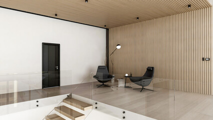 Modern Minimalist Lounge with Black Chairs and Empty Wooden Wall for Copy Space, 3D Rendering