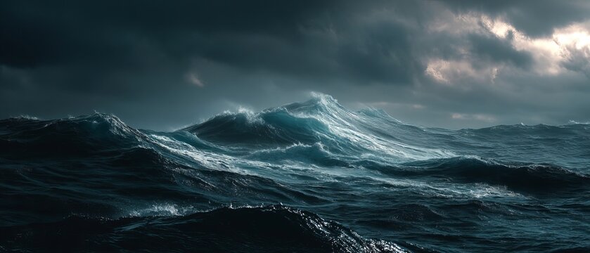 Moody ocean waves crash under dark, stormy skies, creating a dramatic and powerful seascape.