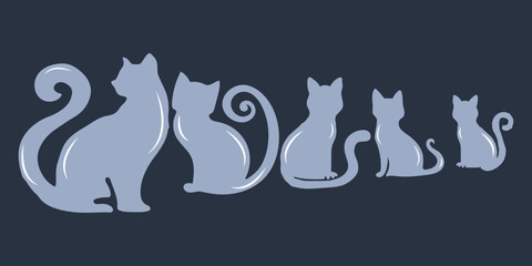 Silhouette of vector black cat, feline, pet animal, kitten or kitty in various poses isolated on white background. Cute cat breed symbol, sticker or icon. Wild animal or cat silhouette doodle line art