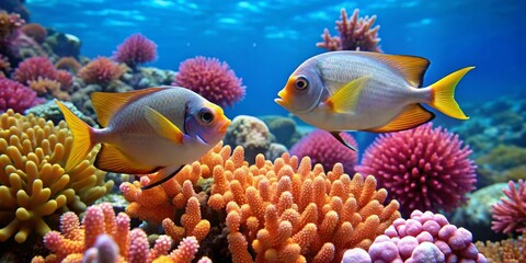 Obraz premium Vibrant Reef Scene Featuring Two Colorful Fish Swimming Amidst a Lush Coral Garden
