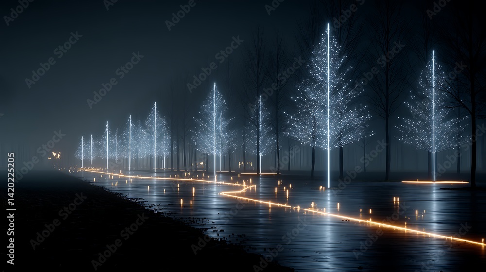 Poster night illumination pathway with luminous trees a serene scenery display in darkness.