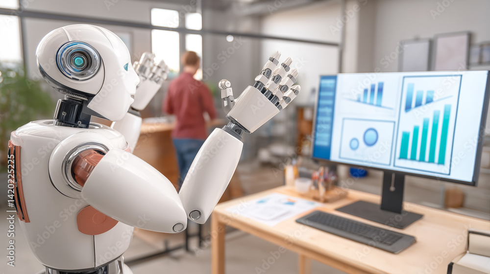 Poster a humanoid robot stands with raised arms near a computer displaying financial graphs. a person, out 