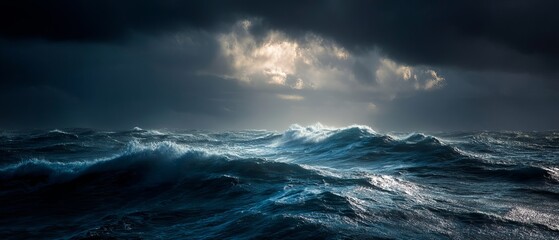 A dramatic seascape featuring turbulent waves under a stormy sky, illuminated by a soft light peeking through clouds.