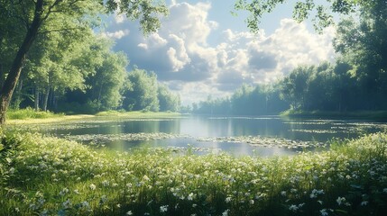 Sunny day at D. W. Field Park in Brockton, Massachusetts. Beautiful nature scene with green trees, forest, river. Peaceful duck pond with water, stone edges surrounded by grass. Scenic view of