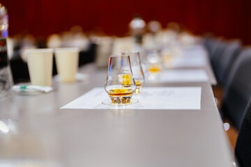 Whiskey tasting event featuring elegant glasses and warm ambiance