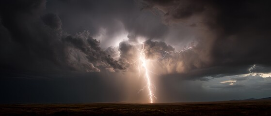 A dramatic landscape showcasing a powerful lightning strike illuminating dark storm clouds and the moody sky.