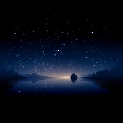 Naklejka premium Nighttime Serenity Reflections on Calm Waters Under a Celestial Canopy of Stars and Dark Skies.