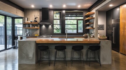 Kitchen with raw concrete island, black stools, and steel accents 