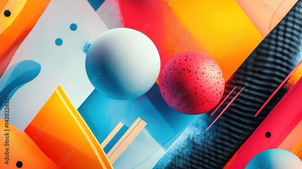 Poster Colorful geometric shapes and patterns are arranged on a dark surface creating an abstract design with vibrant colors and textures