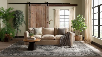 Living room with beige linen couch, vintage rug, and barn door 