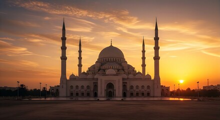 Majestic building against golden sunset architecture silhouette and warm colors