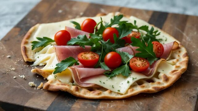Romagna flatbread with cheese, ham, tomatoes, and rocket on a chopping board