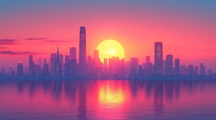 Fototapeta premium Cityscape sunrise over water, vibrant sky