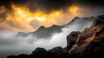 Fototapeta premium Ominous Cliffs and Golden Light with Mysterious Mountains Veiled in Mist and Dramatic Sky