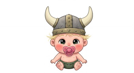 Adorable baby in viking helmet cartoon illustration