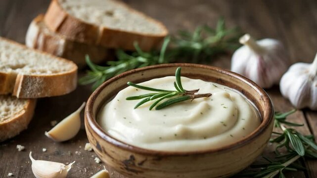 Garlic sauce, components and snack in the backdrop