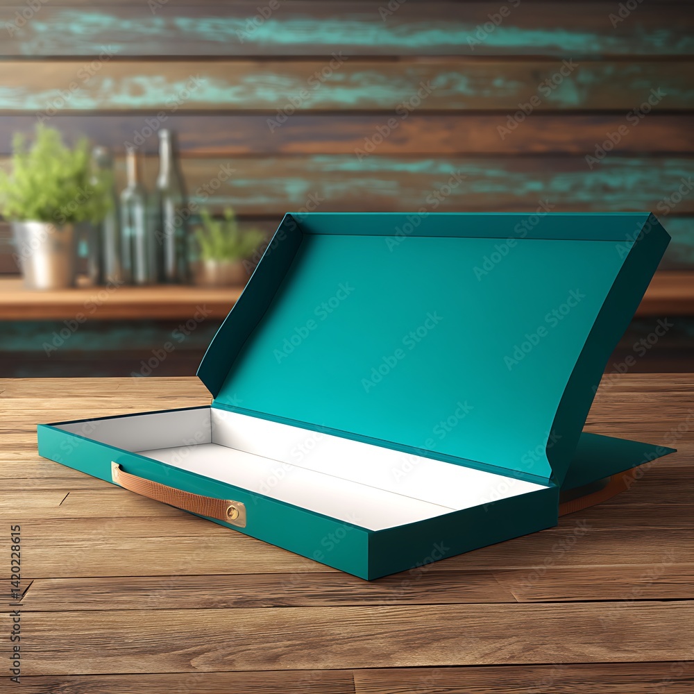 Poster open teal presentation box with handle on wooden surface for display of goods and materials.