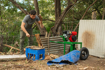 Man chopping wood with machete in rustic outdoor setting