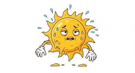 Cartoon sun character experiencing intense heat summer weather illustration