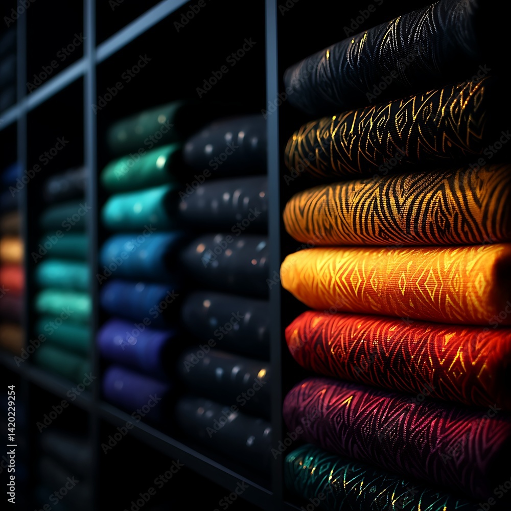 Poster organized array of textiles colorful fabric rolls on shelves in a shop or studio space.