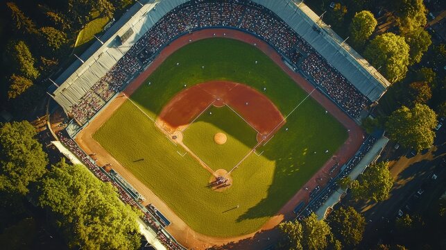 Aerial View of Baseball Field with Spectators at a Summer Game