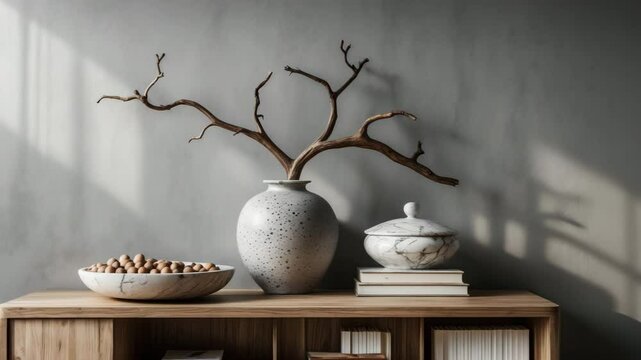 Innovative design of living room interior with empty space, wooden console, chic vase with branch, marble bowl, circular casket, books, and accessories.