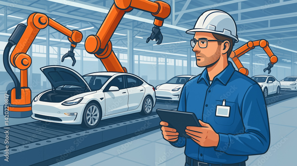 Poster a factory worker checks a tablet while monitoring a robotic assembly line in a vehicle manufacturing