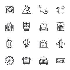 A set of icons for travel and transportation, including a camera, train