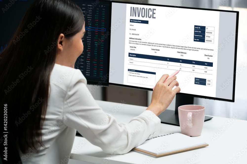 Poster invoice on computer screen from accounting application. computer program for financial and budget of