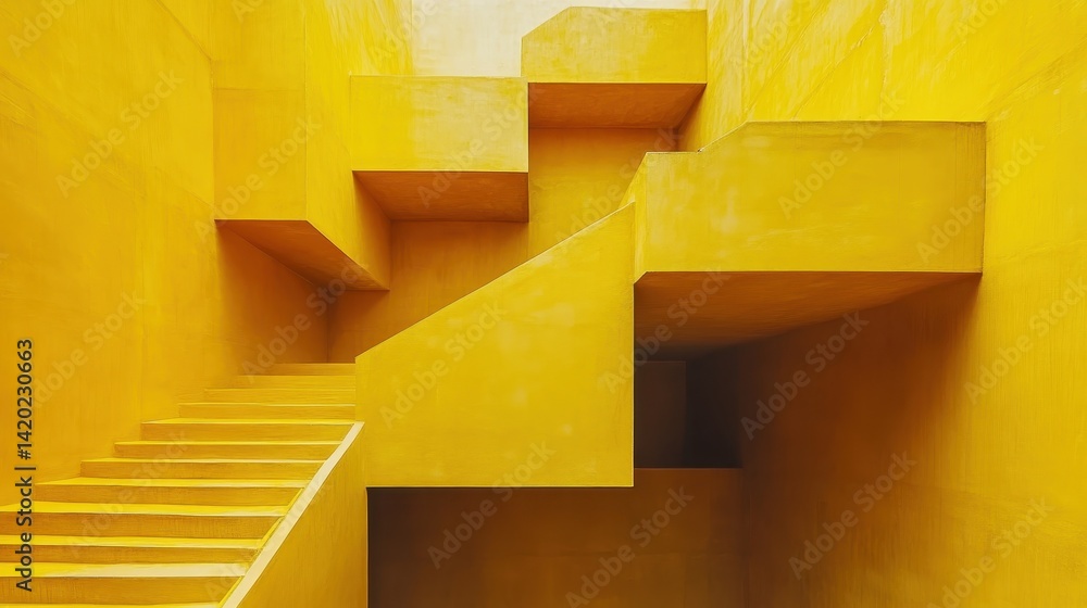 Poster Vibrant yellow architectural stairs in a modern structure with geometric shapes during daytime